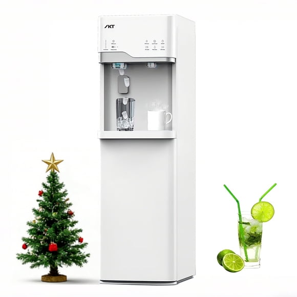 IKT Distributeur d'Eau Autonettoyant de 5 Gallons à Chargement par le Bas avec Machine à Glaçons, Capacité Quotidienne de 22 Lb, 3 Températures (Chaude/froide/chambre), Sécurité pour Enfants, Lumière de Bouteille Vide Verrouillable, Blanc