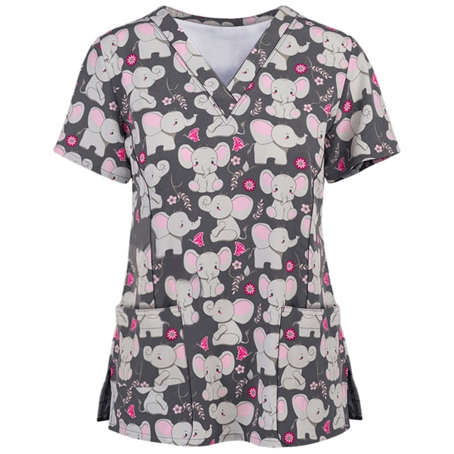 Pompotops Blouse à Manches Courtes Col en V pour Femmes avec Poches Imprimées Uniforme Infirmière