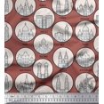 thumbnail image 1 of Soimoi Brun Georgette Viscose Tissu Différents Monuments de la Ville Architectural Tissu Imprimé 1 Yard 42 Inch Wide, 1 of 3