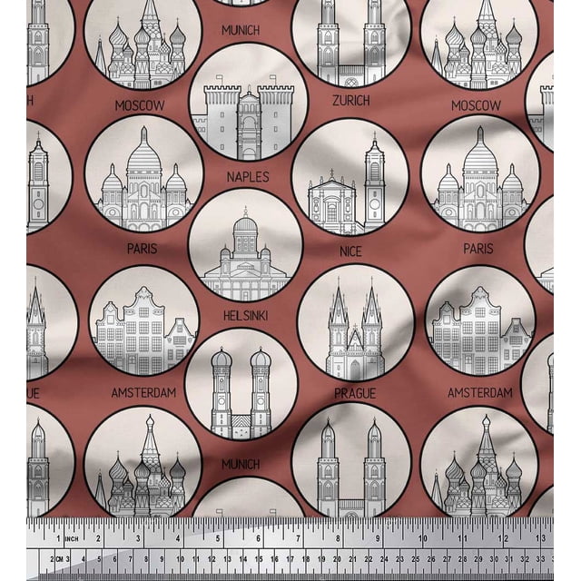 Soimoi Brun Georgette Viscose Tissu Différents Monuments de la Ville Architectural Tissu Imprimé 1 Yard 42 Inch Wide