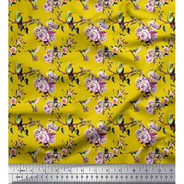 Soimoi polyester Crepe Fabric Hummingbird,Leaves & Rose Floral Fabric Prints By Yard 42 Inch Wide