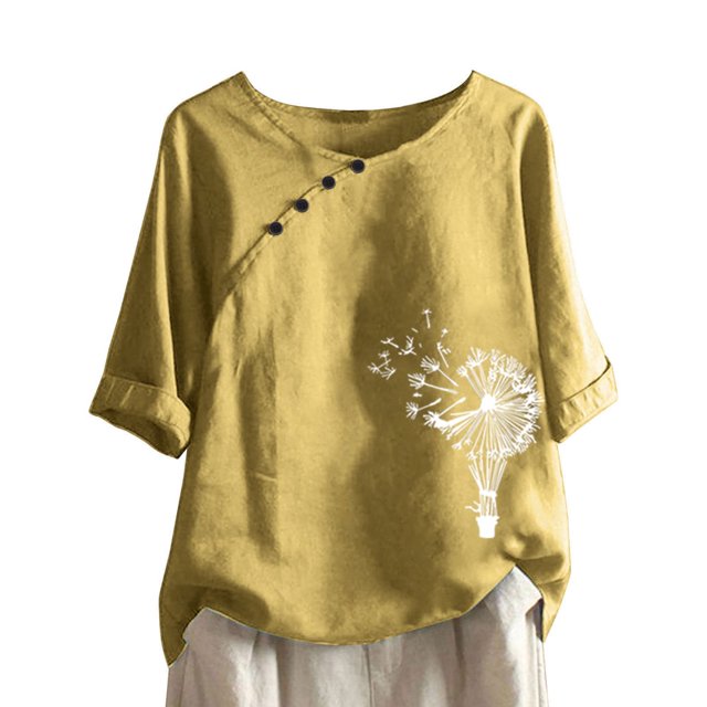 CHUANK Hauts pour Femmes en Solde à Moins de 10$ Hauts Décontractés Printemps Été Manches Longues en Coton Lin Imprimé Graphique Pissenlit Col Rond Blouses Vintage Grande Taille