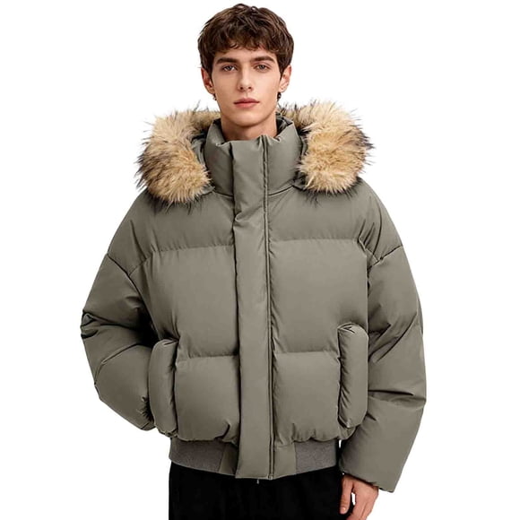 Mens Detachable Fur Hood Padded Winter Coat Warm Outerwear Cold Weather Clothing Insulated Clothes Long Sleeve Tops Pullover Tees Heavy Duty Parka Extreme Layer