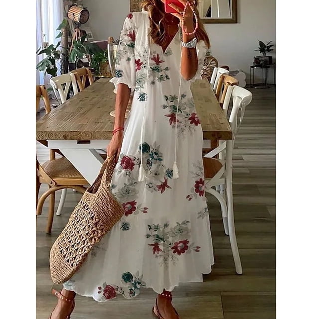 EQWLJWE Robe pour Femme Liquidation Mode Robe Décontractée pour Femme Printemps et Été à Col en V à Manches Trois-Quarts Robe Imprimée. Cette Robe Légère, Longueur Mi-Mollet, Présente un Imprimé floral, un Col en V et des Manches Trois-Quarts. Fabriquée en 95 % polyester et 5 % Élasthanne, Elle Est Douce, Respirante et Convient aux occasions Décontractées, Fêtes Ou Mariages. l'Image Montre la Robe dans une base Blanche avec des Motifs Floraux Rouges et Verts, Stylée avec un Sac Tissé et des Sandales dans un Décor Douillet de Salle à Manger.