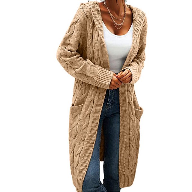 Women Hooded Open Front Cardigan Cable Knit Sweaters Solid Chunky Long Sweater Coats with Pockets