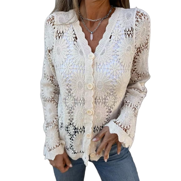 Dazajoo Cardigans Légers pour Femmes Chic Décontracté Tricoté Découpé Brodé Col en V à Boutons Manches Longues Cardigan Ajouré Ouvert à l'Avant Manteaux Hauts pour Usage Quotidien Beige,P