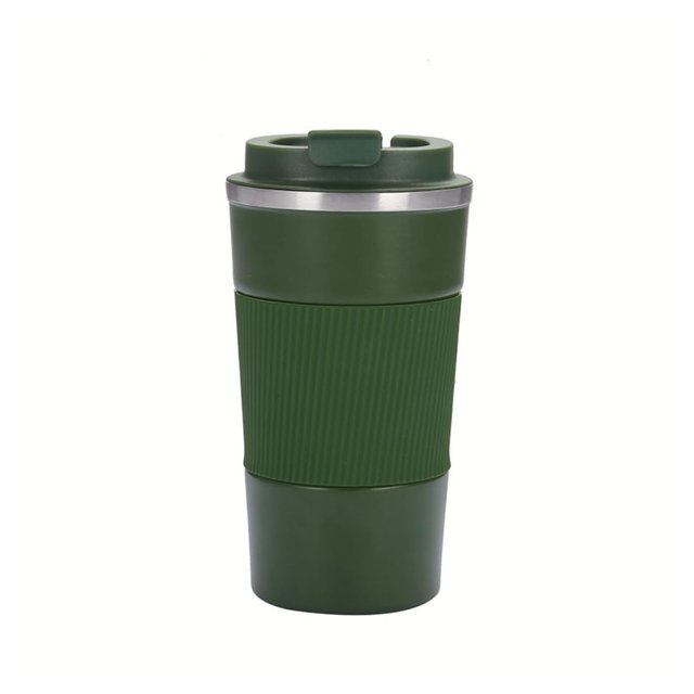 Vaccum Insulated Stainless Steel Coffee Travel Mug With With Press & Lock Lid - Green, 500ml | Double Walled Thermos Flask With Silicon Grip - Leak Proof Travel Tumbler For Hot & Cold Drinks
