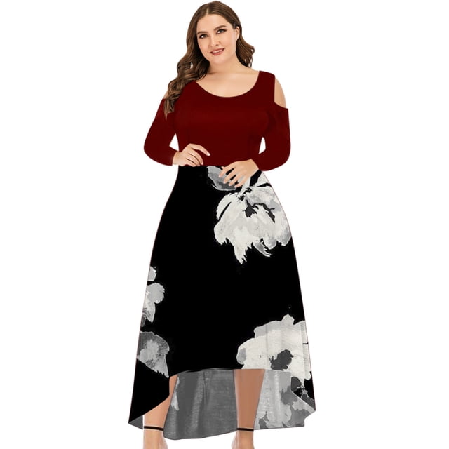 XZNGL Long Sleeve Dress for Women Sexy Plus Size Women Sexy Round Neck Off Shoulder Floral Printed Strapless Gradient Splicing Long Sleeve Pullover Irregular Hem Party Dress