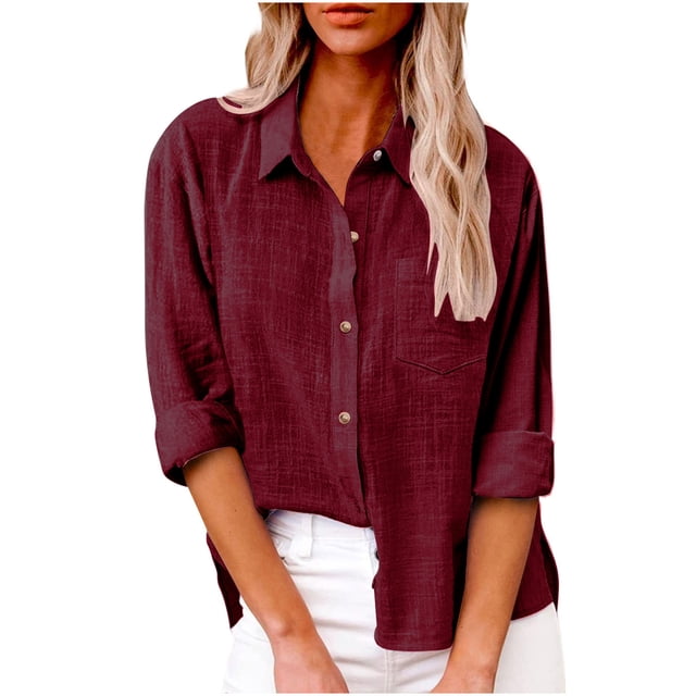 AherBiu Plus Size Womens Button down Shirts Long Sleeve Cotton Linen Tops Fall Casual Loose Fitted Blouses