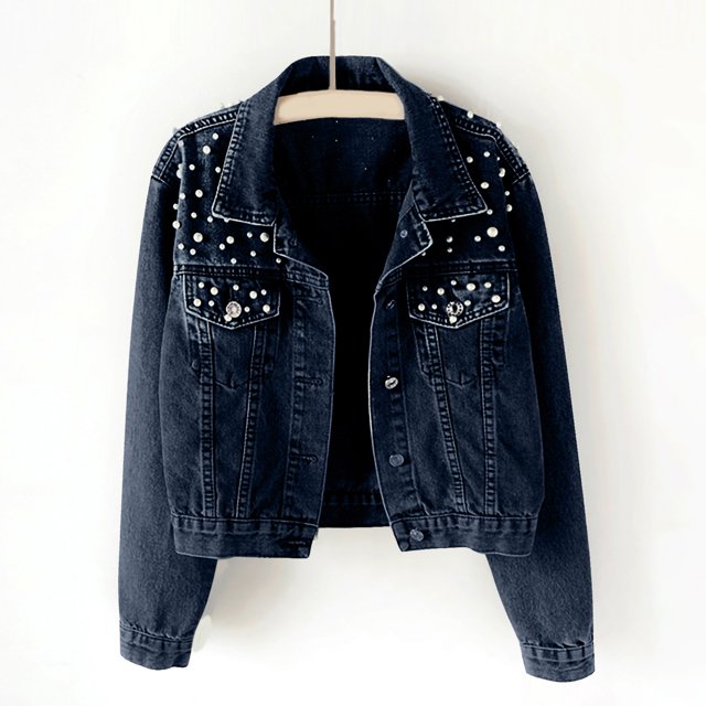 Veste Décontractée pour Femme, Coupe Ajustée, Perles, à Simple Boutonnage, Veste en Denim, Manteau Court