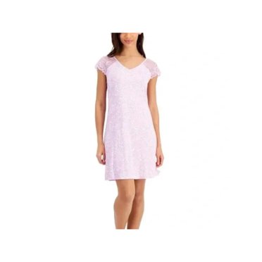 CHARTER CLUB Intimates Purple Knit Lace Short Sleeves Chemise Hits Above Knee Floral Nightgown XS