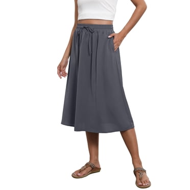 LOVZFMLL Midi Skirts for Women Drawstring Elastic Waist Casual Solid Skirts with Pockets Beach Vacation Clothes for Women Gray S