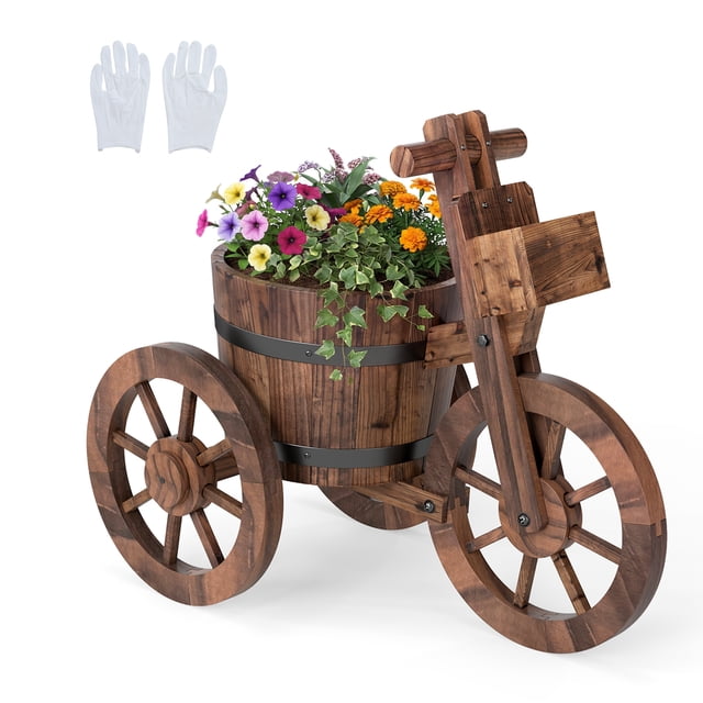 Gymax Rustic Wood Tricycle Planter w/Barrel Pot & Storage Box for Patio Balcony Garden