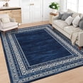 thumbnail image 1 of Large Area Rug 9x12ft – Washable Soft Non-Slip Low Pile Carpet with Distressed Geometric Border Design, Blue Tones – Stain-Resistant Rug for Living Room, Bedroom and Dining Room, 1 of 7