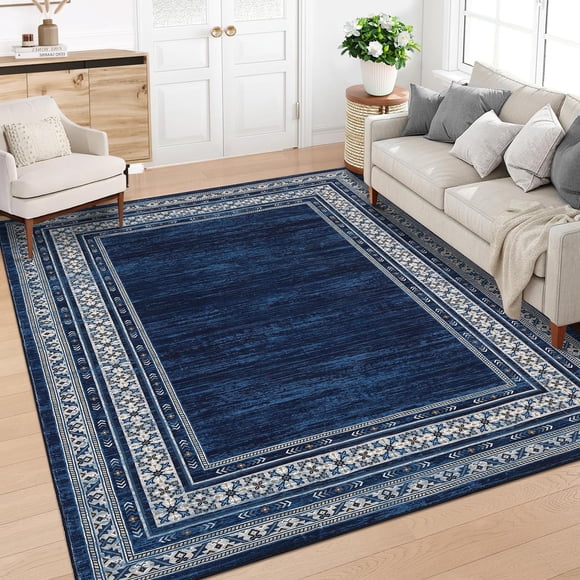 Large Area Rug 9x12ft – Washable Soft Non-Slip Low Pile Carpet with Distressed Geometric Border Design, Blue Tones – Stain-Resistant Rug for Living Room, Bedroom and Dining Room