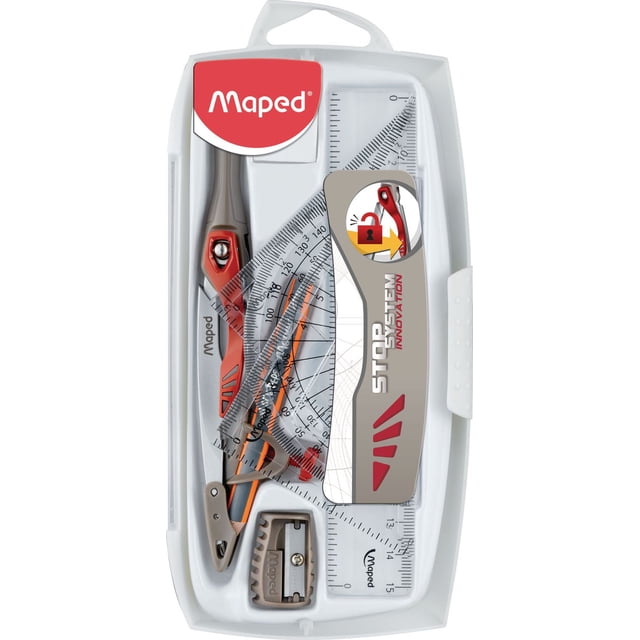 Maped Stop System Innovation Math Set in a white shatterproof plastic case featuring a red and grey ergonomic compass with patented locking system, pencil sharpener, mini HB triangular pencil, eraser, 15cm ruler, two set squares, and a protractor with clear metric measurements, suitable for precise geometry and math tasks.