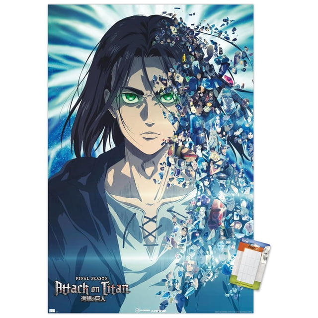 Attack on Titan : The Final Season - Affiche Murale de Fragments Représentant un Personnage d'Anime aux Longs Cheveux Foncés et une Chemise en Dentelle, avec des Éclats Contenant des images de Personnages Plus Petites Se Dispersant du Côté Droit sur un Fond Bleu Radieux, Mesurant 14,725 par 22,375 Pouces, Convient à la Décoration Murale de Chambre Ou de Bureau.