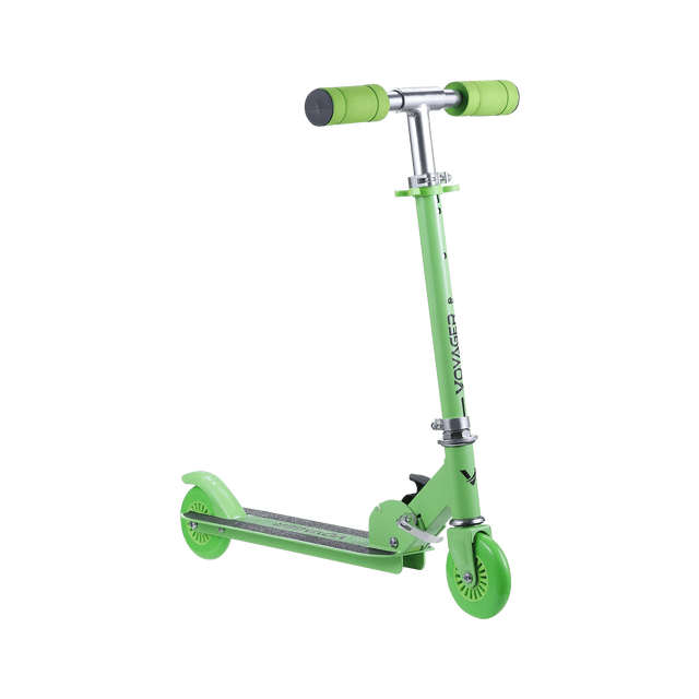 Voyager 100mm Folding Kick Scooter in green with lightweight durable frame, soft foam handlebar grips, 100mm wheels for smooth rides on paved surfaces, and rear foot brake for safe stopping, designed for children ages 5 and up and easy to fold for storage or transport.