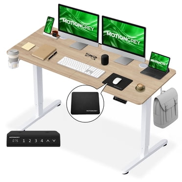 MotionGrey - Bureau Debout Électrique Ergo2 avec Tapis de Souris, Clavier à Mémoire à 4 Préréglages, Dessus Brun Pâle 55” x 24”, Cadre Blanc – Bureau Ergonomique Réglable pour la Maison et le Bureau