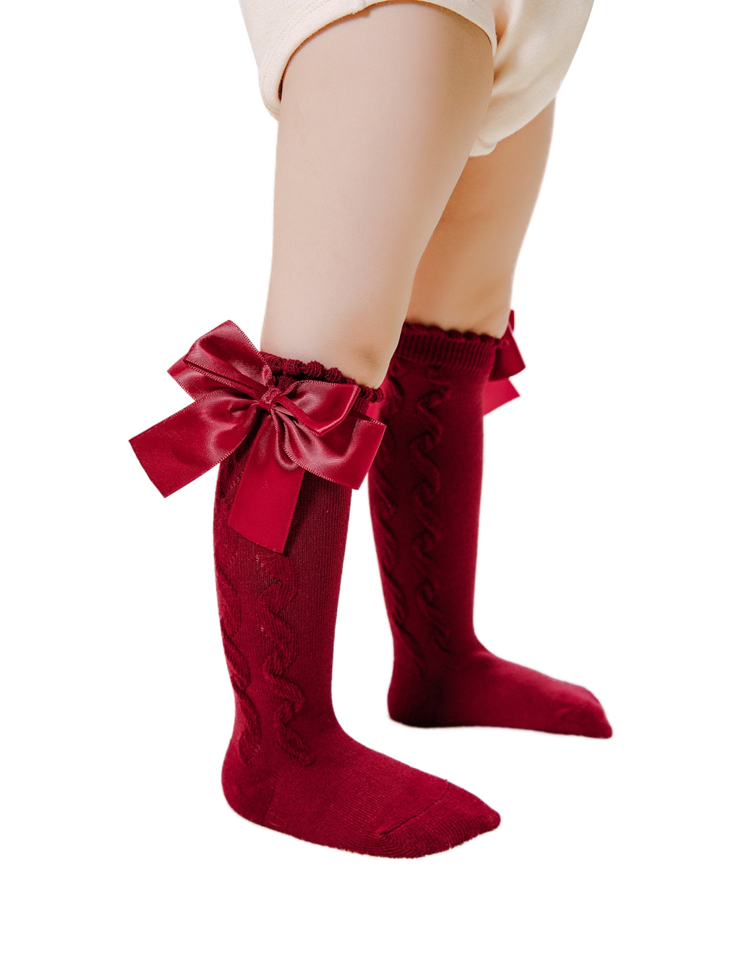 FOCUSNORM Baby Girls Cute Knee High Socks Cable Knit Cotton Socks with Bow