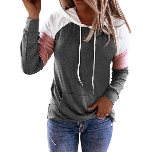 MAWCLOS Ladies T-shirt Color Block Sweatshirt Long Sleeve Pullover Loose Fit Work Hooded Neck Hoodies Dark Gray L