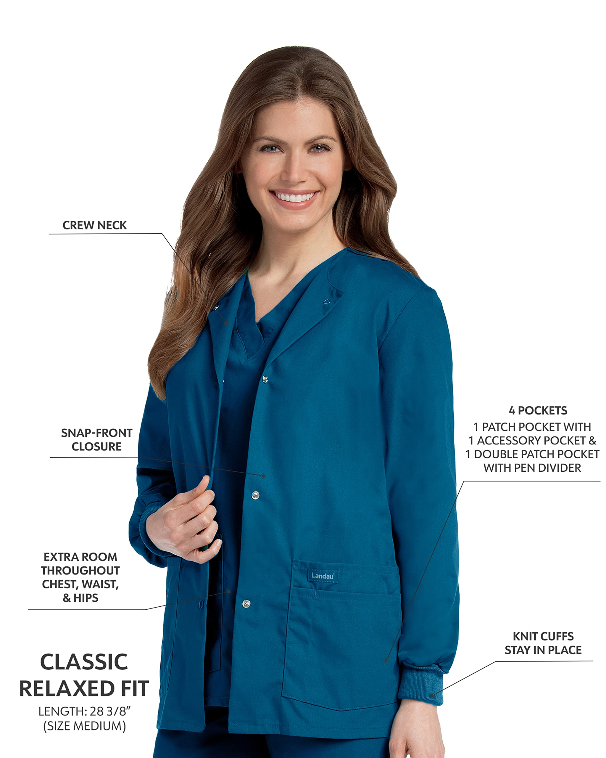 Landau Essentials Veste d'Uniforme à 4 Poches pour Femmes : Coupe Classique et Décontractée, Col Ras du Cou, devant à Boutons-Pression et Poignets en Tricot 7525
