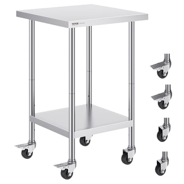 VEVOR Stainless Steel Work Table 24 x 24 x 38 Inch, with 4 Wheels, 3 Adjustable Height Levels, Heavy Duty Food Prep Worktable for Commercial Kitchen Restaurant, Silver