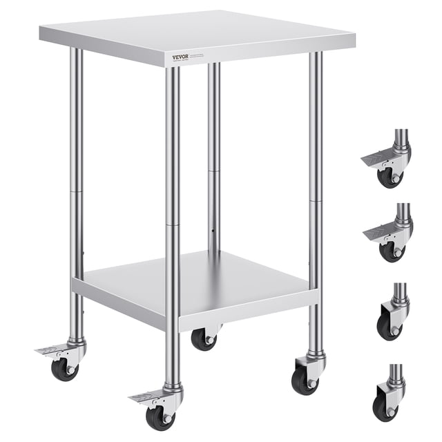 VEVOR Stainless Steel Work Table 24 x 24 x 38 Inch, with 4 Wheels, 3 Adjustable Height Levels, Heavy Duty Food Prep Worktable for Commercial Kitchen Restaurant, Silver