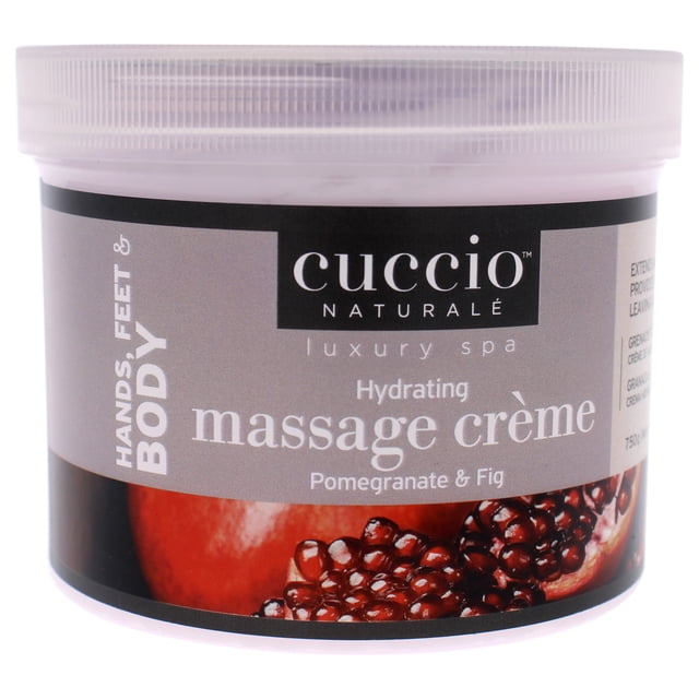 Cuccio Hydrating Massage Creme in Pomegranate and Fig scent, shown in a 750ml container with a clear lid. The label highlights its antioxidant and moisturizing properties, suitable for extended massage sessions without rinsing.