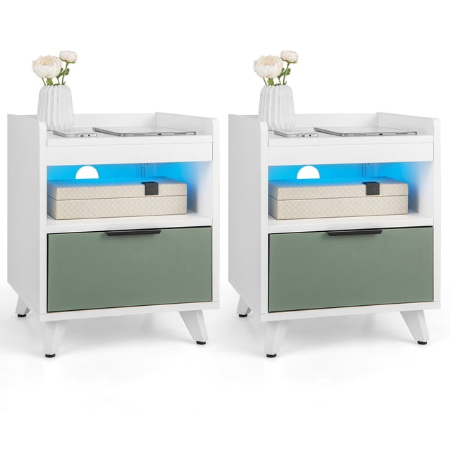 Gymax Table de Chevet Moderne 2 Pcs avec Lumières DEL, Compartiment Ouvert et Tiroir