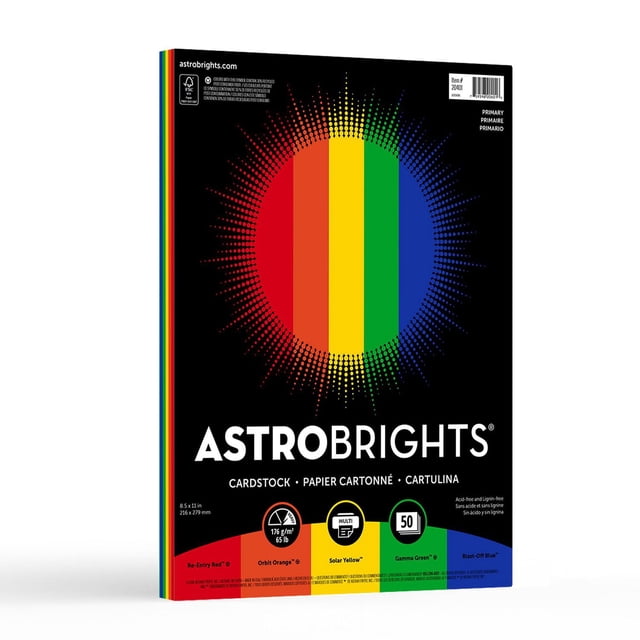 Astrobrights Coloured Cardstock, "Primary", 5-Colour Cardstock stacked front-facing 8.5" x 11" sheets in Re-Entry Red, Orbit Orange, Solar Yellow, Gamma Green and Blast-Off Blue; smooth, slightly fanned 65 lb/176 gsm cardstock edges with Astrobrights label, 50-sheet assortment on white background; ideal for inkjet and laser printing and paper crafting, often used for postcards or booklet covers.