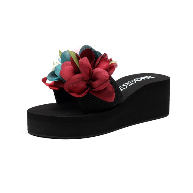 Fashion Women Slip-on Open Toe Wedges Heels Causal Flower Slipper Slides Shoes