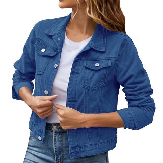 Women's Denim Jacket Basic Solid Color Button Down Coat with Pockets Stylish Casual Outerwear Comfortable Fit