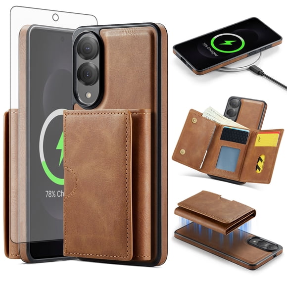 Asuwish Phone Case for Samsung Galaxy S25 Edge 5G Wallet Magnetic Detachable Cell Cover with Wireless Charging and RFID Blocking Credit Card Holder Flip Stand S25Edge 25S S 25 25Edge Women Men Brown