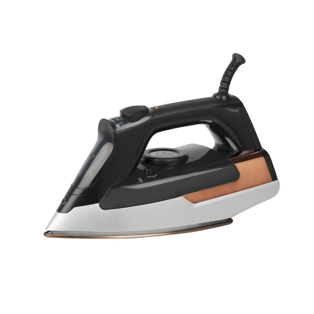 Conair Extreme Steam 1875 Watt Pro Steam Iron with black handle, silver body, and copper-tone nano titanium soleplate, featuring temperature dial, steam control, self-clean function, and pointed tip for precise ironing.