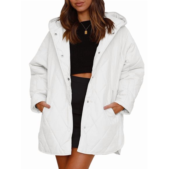 Long Jackets for Female Fashion Winter Coat for Women Business Casual Diamond Quilted Hooded White S