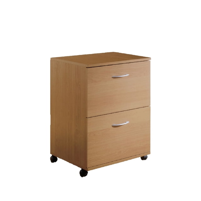 Nexera Essentials 2-Drawer Mobile File Cabinet in natural maple finish with two legal size file drawers, metal drawer glides, and casters for easy mobility, measuring 18.63 by 17.63 by 26.63 inches, ideal for office filing and document organization.