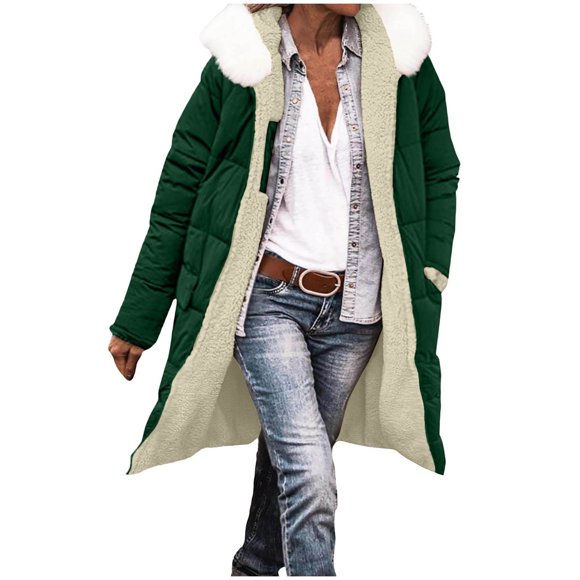yardsong Warm Hooded Puffer Parka - Women's Long Reversible Sherpa Lined Fleece Green,S