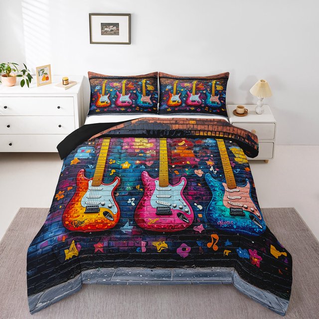 Erosebridal Electric Guitars Comforter Sets Full Size, Graffiti Blocks Comforters & Duvets, Reversible 3 Pieces