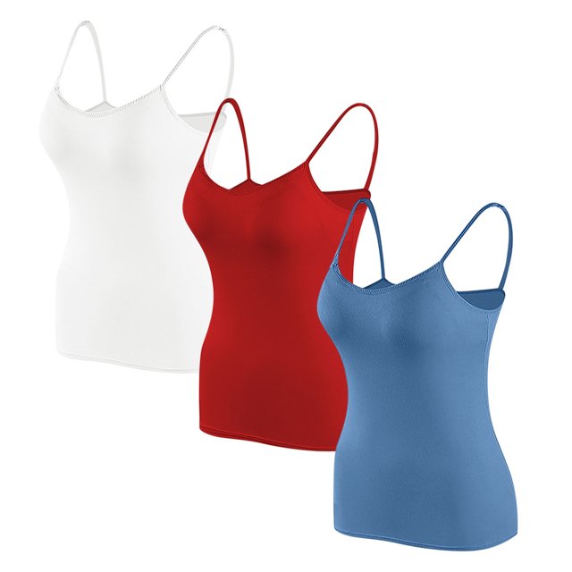 Timegard Camisoles pour Femmes 3 Pcs avec Soutien-Gorge Intégré Col Rond Bretelles Spaghetti Ajustées Douces Maillots de Corps Décontractés Hauts de Pyjama