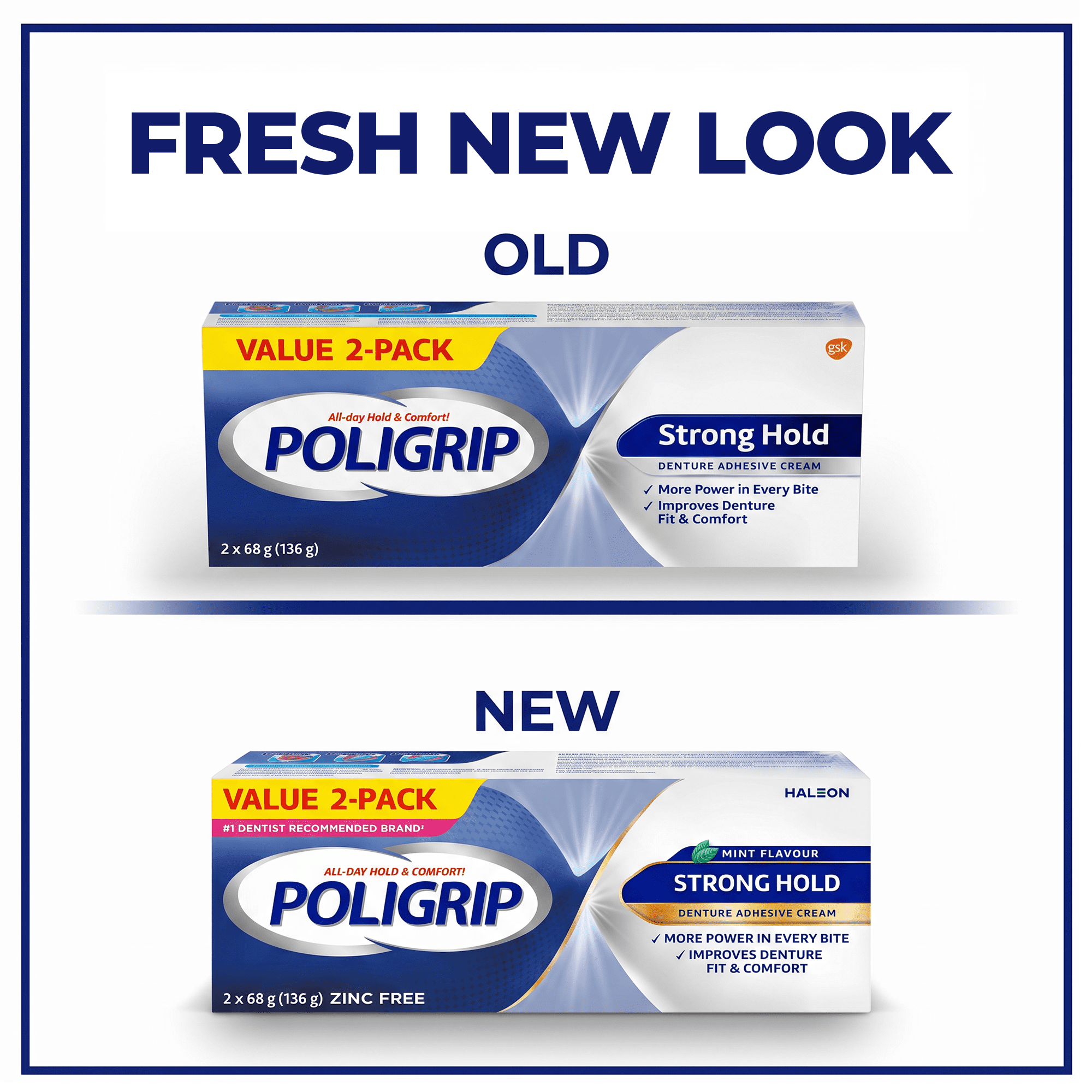 Poligrip Strong Hold Denture Adhesive Cream, Zinc Free, 2x68g tubes
