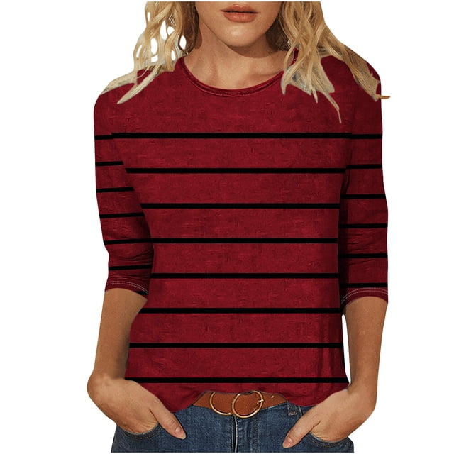 Blouses pour Femmes T-shirt Imprimé Mi-Long Manches 3/4 Blouse Col Rond Hauts Décontractés