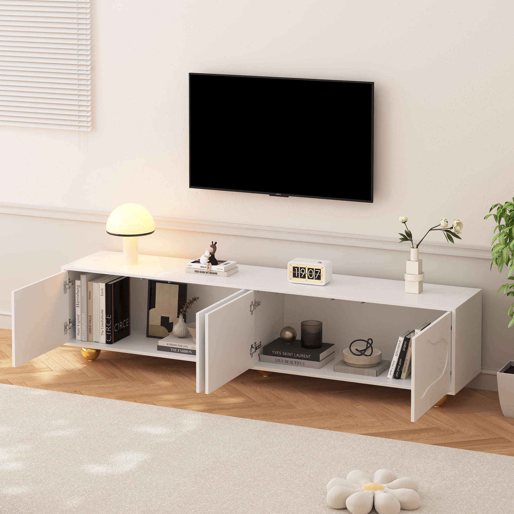 Meuble télé Noble House 64,8 pouces, console multimédia pour téléviseur de 65 pouces, blanc et bois naturel