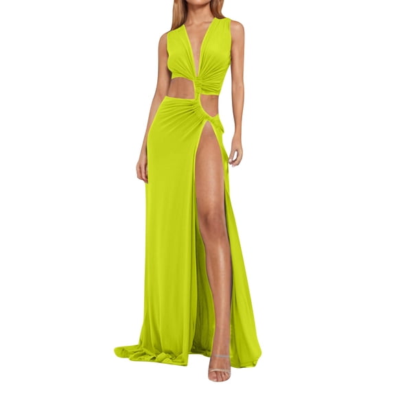 hotojiny Maxi Dress for Women Beach Vacation Clothes for Women Sleeveless Cut out High Split Long Evening Dress Deep V Ruched Cocktail Dress