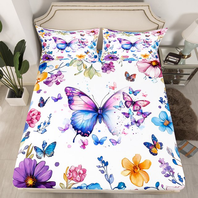 Purple Butterflies Fitted Sheet Full Size,Country Rustic Style Bed Sheet Spring Blooming Flower Bedding Set for Kids Adults Soft Polyester Deep Pocket Sheet 3Pcs,No Top Flat Sheet