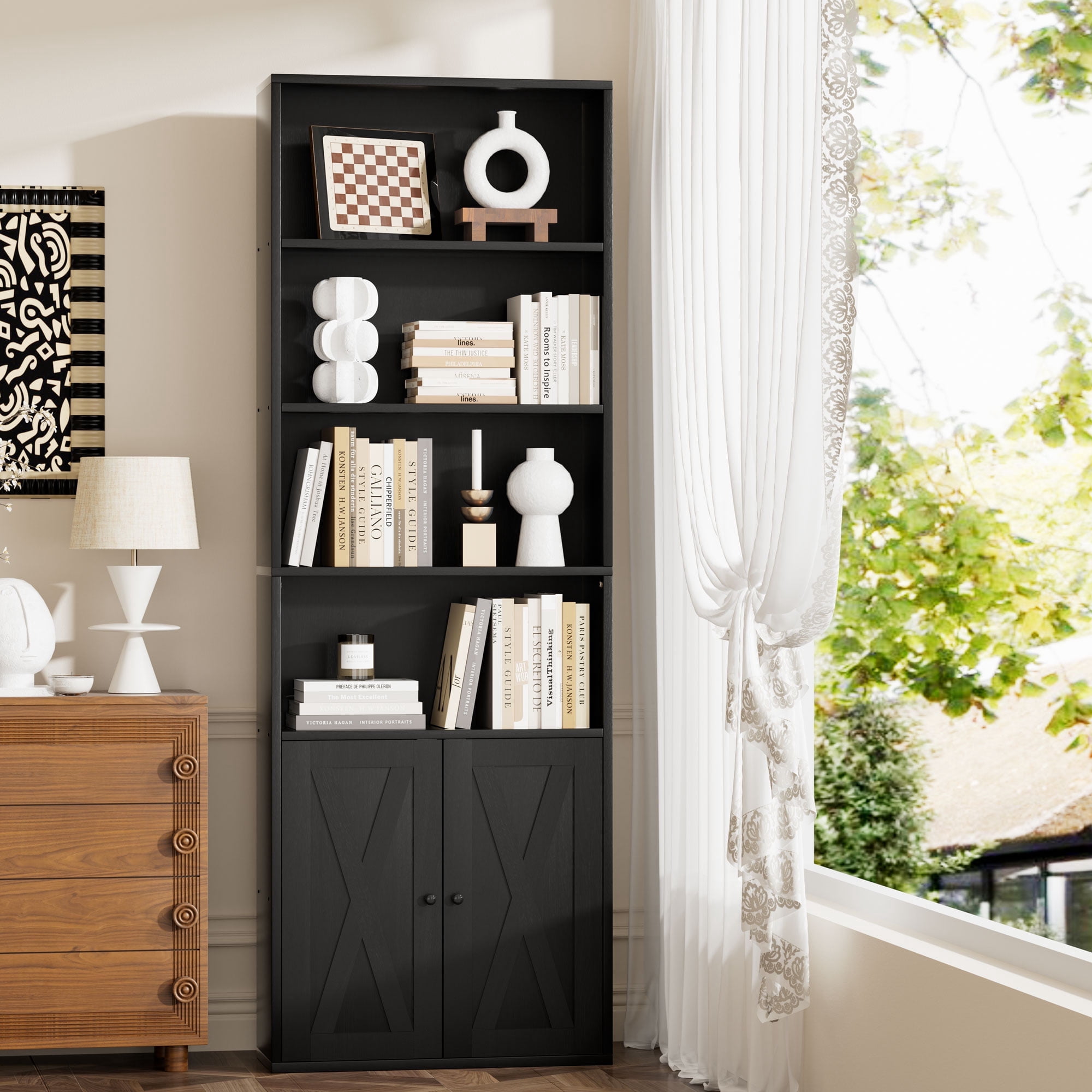 Walsunny Library Bookcase Bookshelf with Doors Cabinet 6 Tiers Storage Shelves Tall Bookcases for Bedroom Living Room Home Office Black