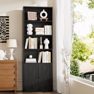 Walsunny Library Bookcase Bookshelf with Doors Cabinet 6 Tiers Storage Shelves Tall Bookcases for Bedroom Living Room Home Office Black