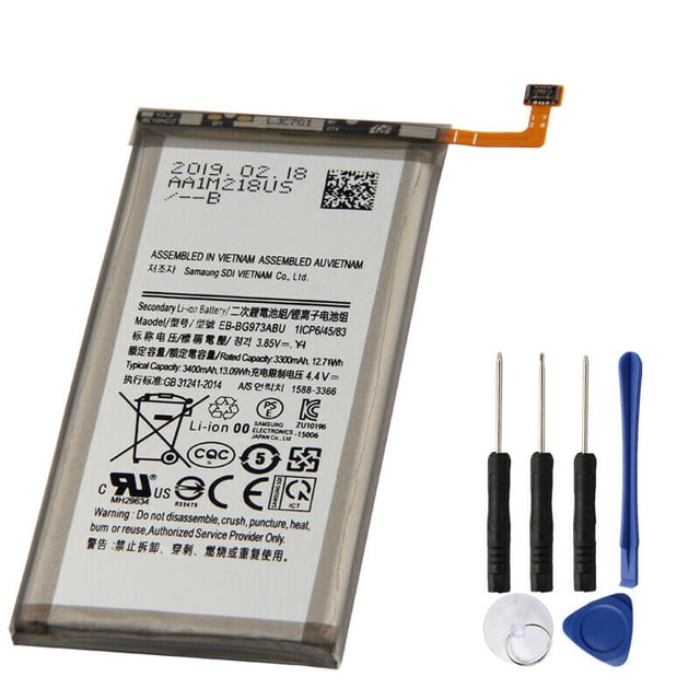 Replacement Battery with Tools for Samsung Galaxy S10, model EB-BG973ABU, shown with a lithium-ion cell design and standard voltage. The package includes the battery and a set of tools: three screwdrivers, a suction cup, and two plastic prying tools for easy installation. Compatible with Samsung Galaxy S10 devices.
