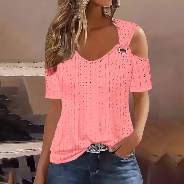 Ovbmpzd Off the Shoulder Ladies Tops V-Neck Pink Short Sleeve Solid Comfy Tees Womens Pullover M