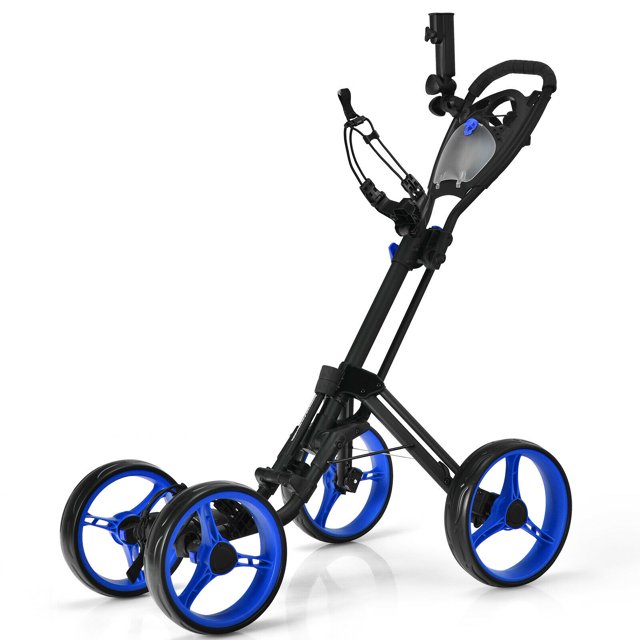 Gymax Chariot Poussé de Golf Pliant à 4 Roues avec Poignée Réglable Frein à Pied Bleu